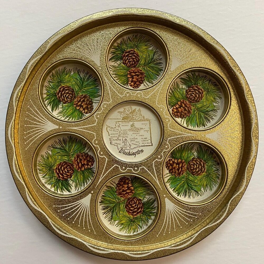 Vintage Tin Serving Tray Drink Holder Circular 70s Home Decor Washington